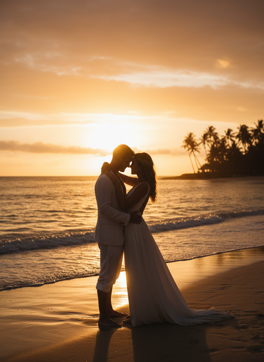 A couple embracing on a tropical beach silhouetted against a golden sunset