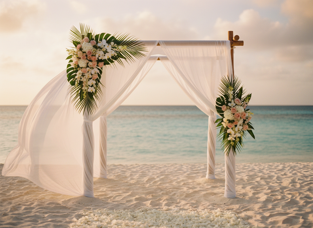 A romantic beach wedding arch draped in white fabric and tropical flowers on white sand at sunset