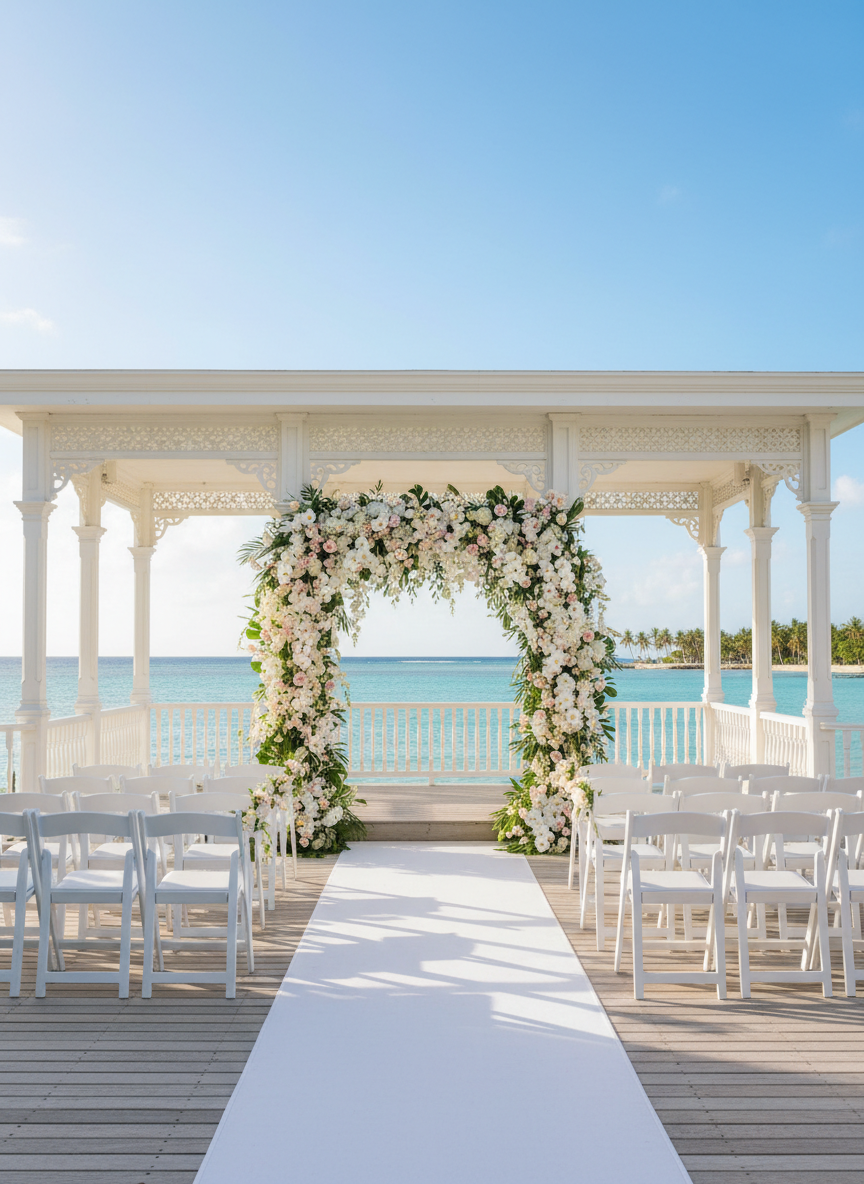 An elegant open-air tropical wedding pavilion with white columns, floral arch, white chairs, and turquoise Caribbean ocean in the background