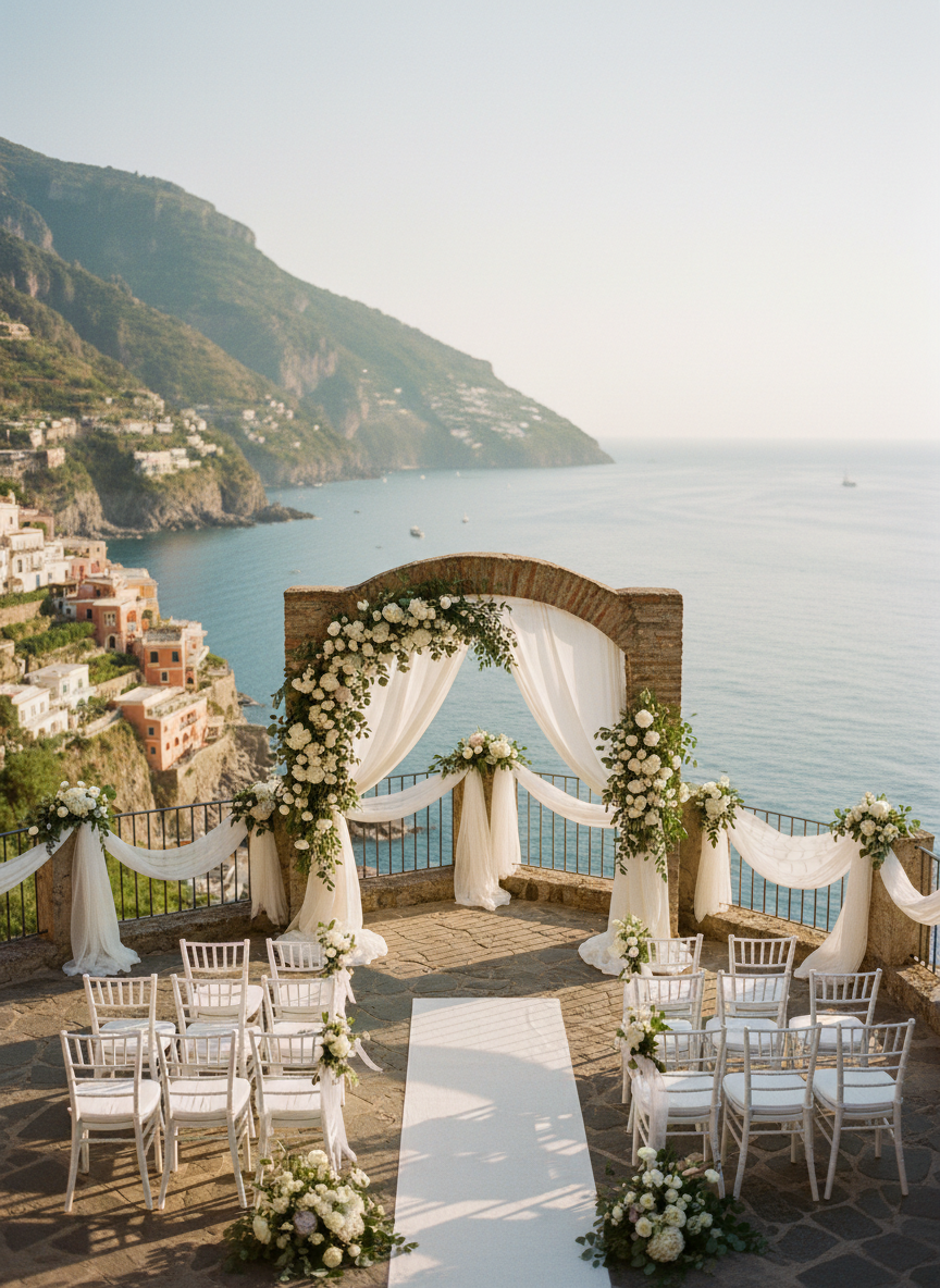 A cliffside stone terrace wedding ceremony on the Amalfi Coast Italy with white chairs, flower arch, and Mediterranean sea backdrop