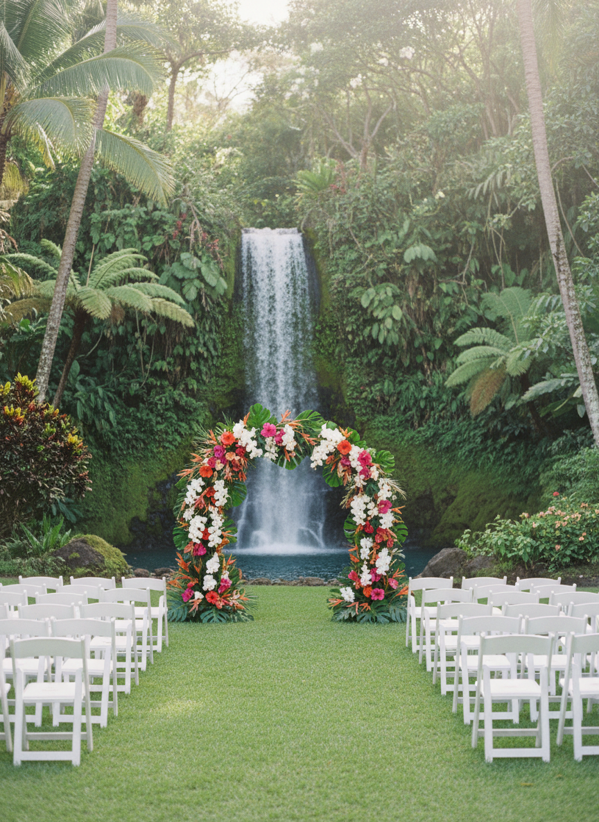 A lush Hawaiian garden wedding ceremony with tropical floral arch, white chairs on green lawn, and a waterfall in the background