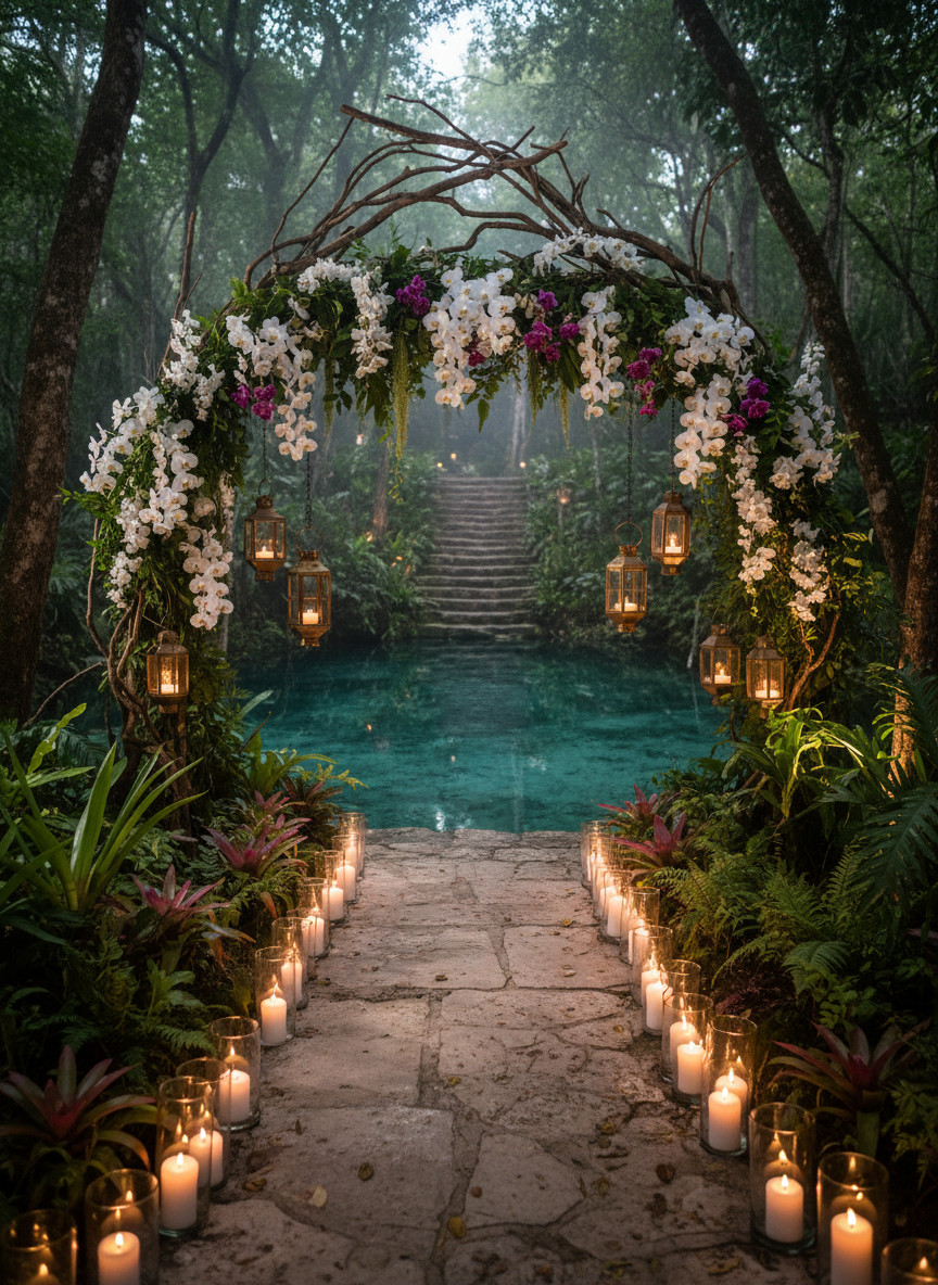 A magical jungle cenote wedding ceremony in Riviera Maya Mexico with candlelit aisle, tropical floral arch, and lush jungle canopy