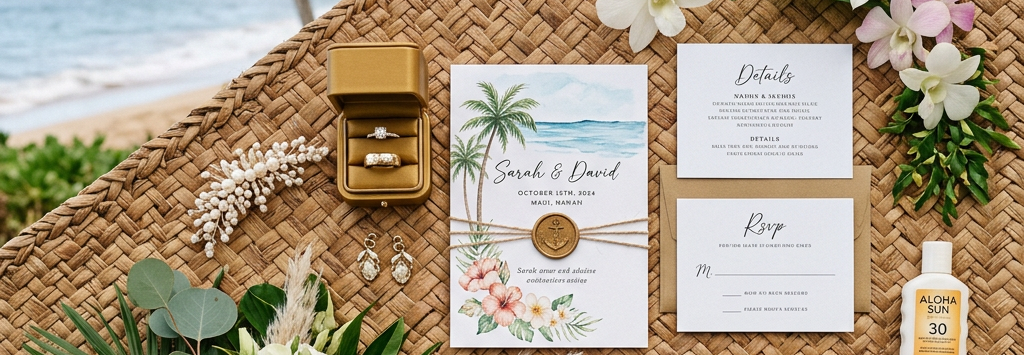 Maui wedding invitations, rings, bouquet, compass, and sunscreen on woven mat